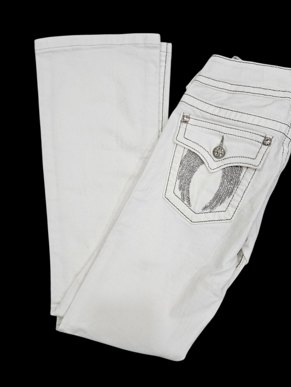 Miss Me Off White Silver Bling Wing Pocket Denim Jeans Boot Cut Sz 25x29 JP5082W